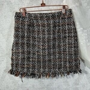 Miss T tan and black tweed plaid mini skirt with fringe hem size L